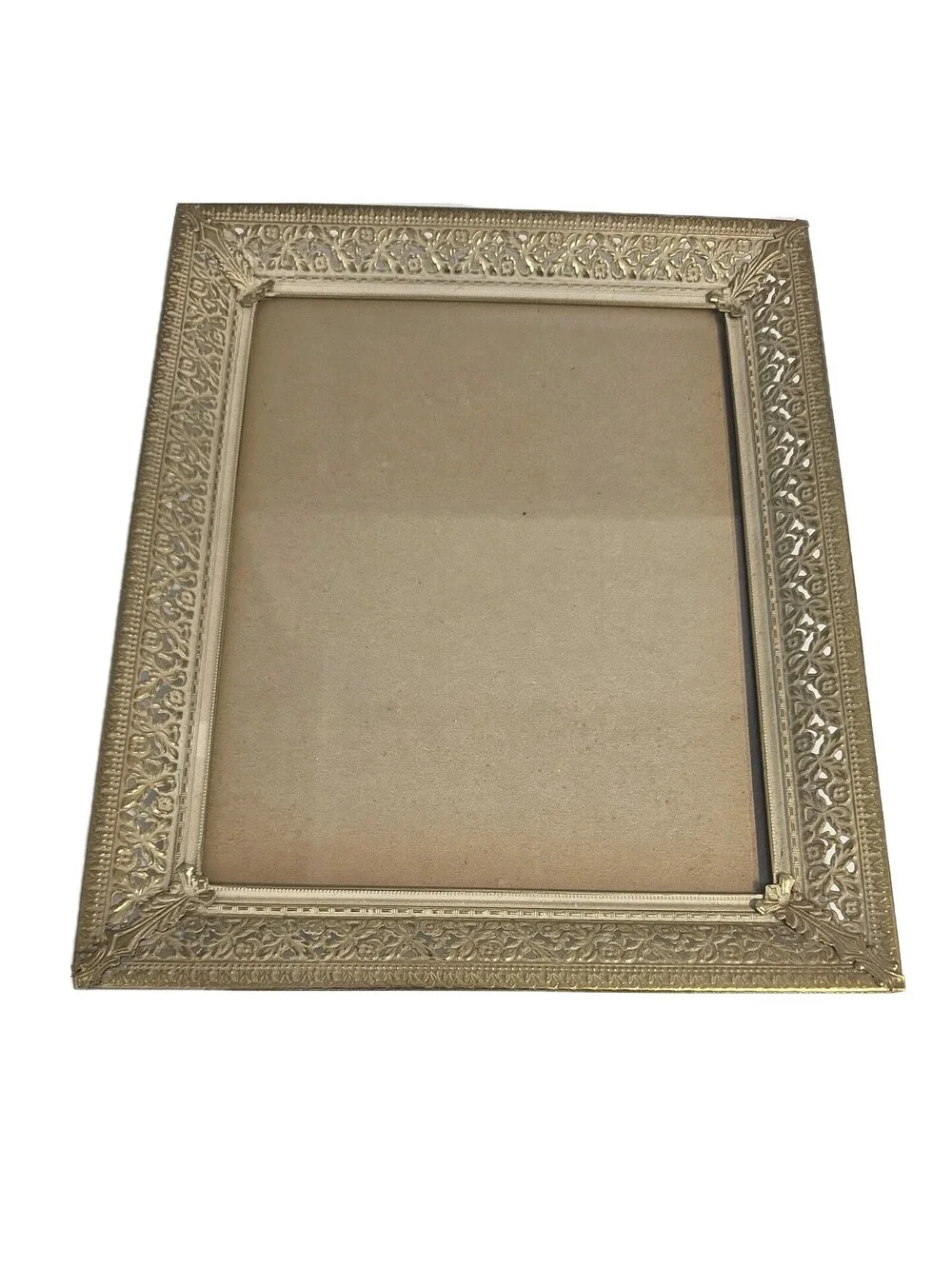 Vtg Filigree Antique Gold Tone Metal Brass Picture Photo Frame 8X10” Glass